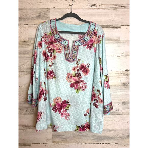 John Mark 1X blue Linen Floral Print Embroidered Beaded Split V-Neck Tunic new - Picture 2 of 7